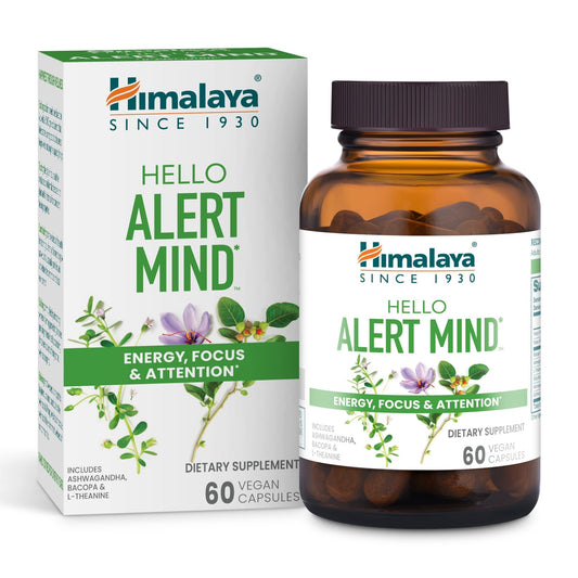 Himalaya Hello Alert Mind with L-Theanine Ashwagandha Bacopa Vitamin B6 & B12 for Energy Focus & Attention Vegan Gluten Free 60 Capsules - Elite Nutrition