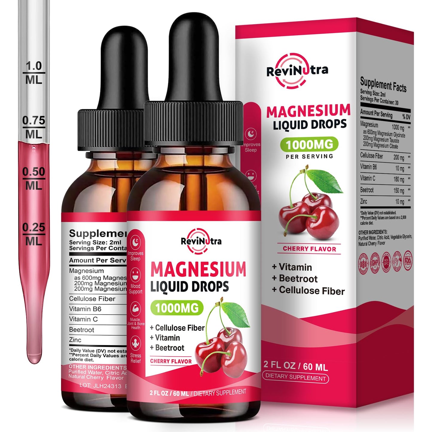 Magnesium glycinate liquid drops cherry flavor 2 pack