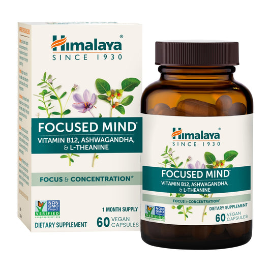 Himalaya Focused Mind with Ashwagandha Bacopa & L-Theanine for Focus Energy and Attention 60 Capsules 1 Month Supply Vegan Gluten Free - Elite Nutrition