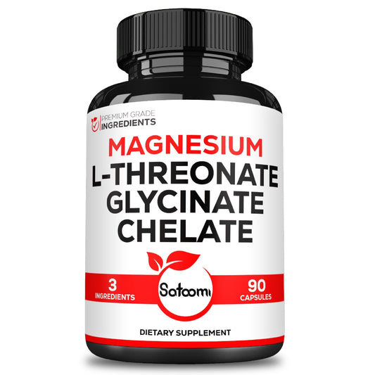 Satoomi 3in1 1200mg Magnesium L-Threonate Supplement with Magnesium Glycinate & Magnesium Chelate - 90 Capsules - Elite Nutrition